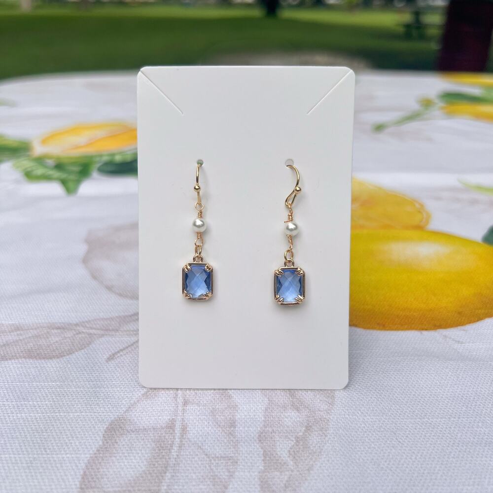 Water Blue Crystal Glass Rectangle Crown Pearl Casual Cute Aquamarine Earrings